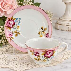 Vintage Merit Occupied Japan Pink Rose Floral Tea Cup & Saucer Gold Trim #2